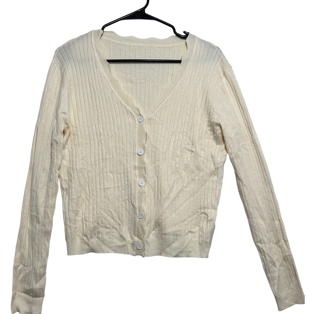 Kohl's Cream Cardigan Button Front Scalloped‎ Edges Women's Size Medium NWT